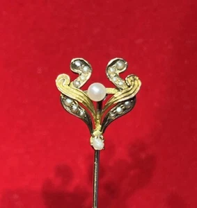 Antique Art Nouveau 14K Yellow Gold Pearls Stick Pin - Picture 1 of 7