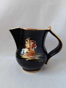 RARE CROWN DEVON BLACK RIBBED LUSTRE GALLEON JUG BY D. COLE - Picture 1 of 6