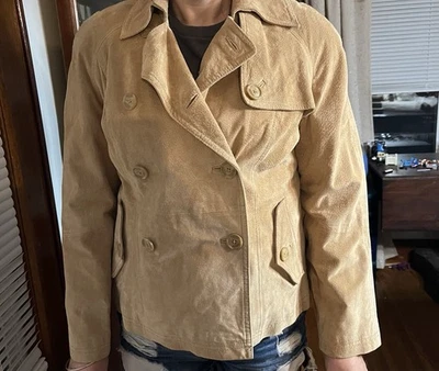 Y2K Shabby chic Terry Lewis Suede Leather Jacket Lined Size M Gold - Image 1 of 4