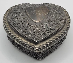 Vintage Silber Ton Herzform Perlen Schmuckschatulle Lila Samt Gefüttert 3 1/2" - Bild 1 von 9