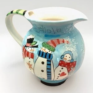 Weihnachten Urlaub Dekor Krug Folk Krug Kitsch Schneemann blau Keramik 10x8" Vintage - Bild 1 von 19