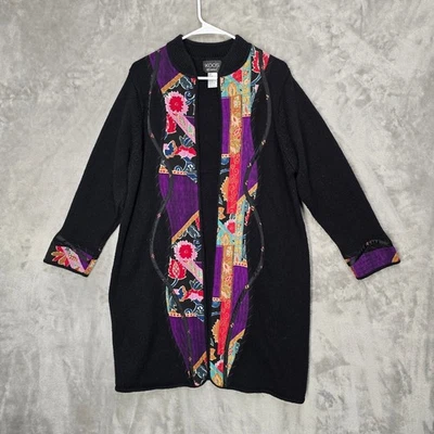Koos of Course 1X Black Knit Cardigan Art to Wear Patchwork Floral Applique - Image 1 of 4