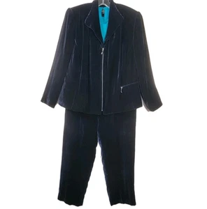 Dana Buchman Pant Suit Jacket Pants Navy Blue Teal Trim Velvet-like 2 Pc Set - Picture 1 of 19
