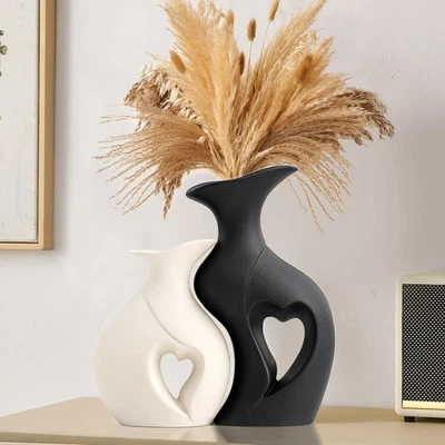 Juego de 2 jarrones XL blanco y negro, jarrones de cerámica en forma de corazón decoración del hogar, mínimos... Foto 1 de 4