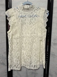 Cable & Gauge White Lace Mock Neck Ruffle Cap Sleeve Top Blouse X-Large NWT - Picture 1 of 9