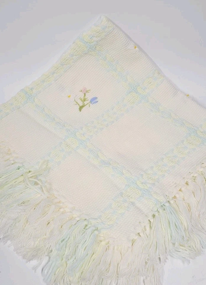 Vintage Harrods Baby Blanket Acrylic Embroidered Knit Floral 34x34" Italy - Image 1 of 4