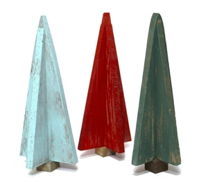 Modern Christmas Tree Figurines Wood 10" Tall Green & Red Set 3 - Picture 1 of 5