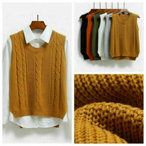 Womens Knitted Vest Waistcoat Sweater Jumper Tank Top V Neck Sleeveless UK - Picture 1 of 18