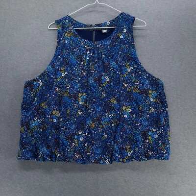 Lands' End 背心上衣女式 XL 18 蓝色花卉弹性下摆内衬后颈纽扣 — 第 1/4 张图片