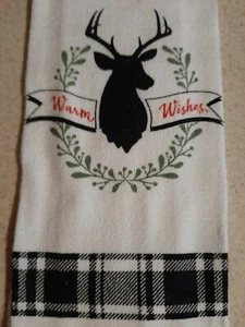 CHRISTMAS Cotton KITCHEN DISH TOWEL Buffalo Check Deer Warm Wishes Black White - Picture 1 of 2