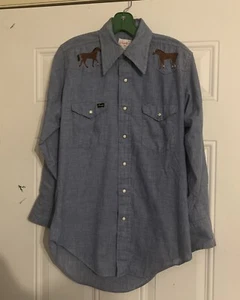 Vtg 60-70s Wrangler Pre Shrunk Shirt 15x32 Embroidered Denim Pearl Snap USA RARE - Picture 1 of 22