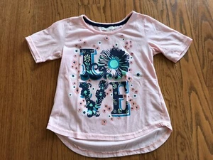 Love At First Sight Girls Peach ‘LOVE’ Embellished Short Sleeve Shirt Sz L VGUC - Picture 1 of 2