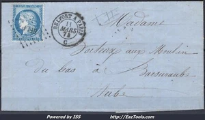 FRANCE N°60B SUR LETTRE POUR BAR/AUBE AMBULANT BELP BELFORT A PARIS 11/03/1874 - Picture 1 of 2