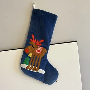 Vintage Herzen Designs Velours blau Elch Weihnachten Strumpf Glocke an der Spitze - Bild 1 von 7