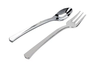 4" Silver Mini Plastic Tasting Forks or Spoons - Appetizer Disposable Real Look - Picture 1 of 7