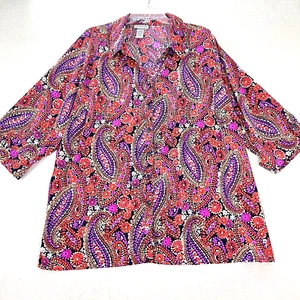 CATHERINES Button Up Shirt Top Womens 2X Purple Orange Paisley Comfort Causal - Picture 1 of 10