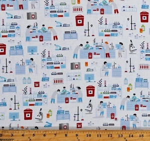 Cotton Scientists Medical Research Lab Medicine White Fabric Print BTY D787.99 - Picture 1 of 1