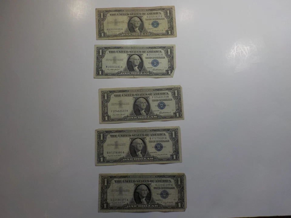 5 Silver Certificate Currency Notes 1957 Paper Money Lot Collection Blue Seal  - Image 1 of 4