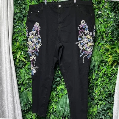 Pantalones de mezclilla Ashley Stewart talla 28 negros bordados florales pierna recta para mujer 3404 Foto 1 de 4