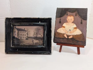 2 Primitive Folk Art Print Canvas Baby Girl With A Rattle 6" X 7" Sheep Painting - Picture 1 of 3