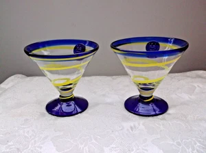Kosta Boda Martini Glasses Pair 2 Art Glass Royal Caribbean Blue Yellow Swirl - Picture 1 of 4
