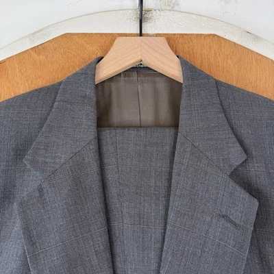 Stafford Suit Mens 44L Gray Windowpane 2 Button 100% Wool Pants 36x29 Pleated - Image 1 of 4