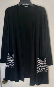 Women's Black Cardigan Open Duster W/ Zebra Print Pockets Size L - Picture 1 of 2