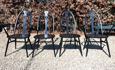 LARGER SOLID ELM ERCOL SWAN BACK DINING CHAIRS IN PITCH BLACK FARROW & BALL - Image 1 of 4