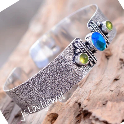 Tanzanite & Peridot Gemstone 925 Sterling Silver Cuff Bangle For Birthday Gift - Image 1 of 4