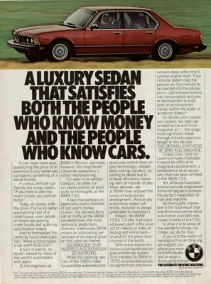 Anuncio impreso vintage BMW 733i 1981 rojo un sedán de lujo que satisface a ambas personas Foto 1 de 2
