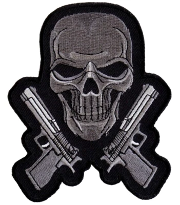 Calavera y pistolas bordadas coser en hierro en parche pistolas 9 mm 3,1/2" x 4" Foto 1 de 3