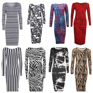 DAMEN LANGARM TIER AZTEKISCHER DRUCK BODYCON MIDI KLEID ÜBERGRÖSSE 8-22 - Bild 1 von 12