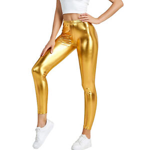 Damen Kunstleder Leggings glänzend metallic hochtailliert Hose Clubwear