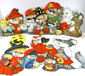 6 Vtg Halloween Die Cut Flocked Double Sided Raccoon Kitten Puppy Mouse Pumpkin - Picture 1 of 8