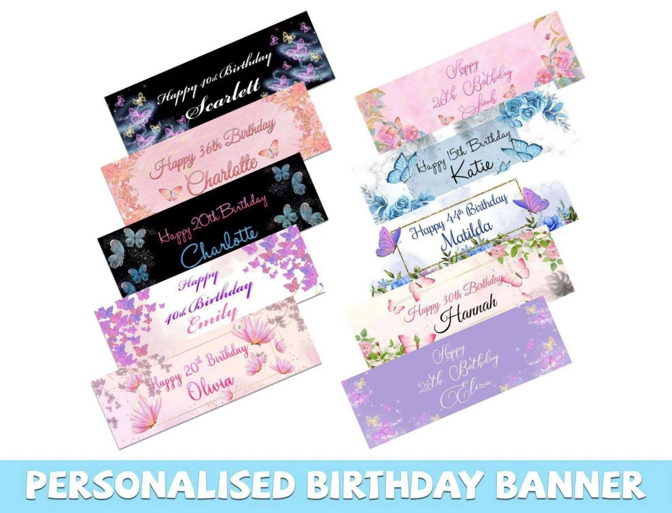 Personalised Butterfly Design Birthday Banners Kid Party Decoration Children 107 - Image 1 of 1