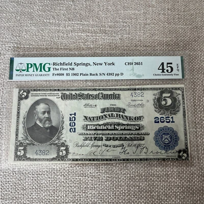 1902 Richfield Springs NY New York National Bank Note Ch 2651 PMG 45 EPQ - Image 1 of 4