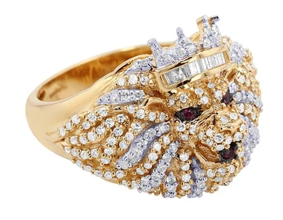 Anillo Cabeza de León Coronada Oro Amarillo 10K 3/4 CT Diamante Helado 17.5MM Talla 7-10 Foto 1 de 4