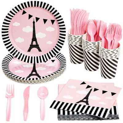 144 Piece Paris Birthday Party Decorations with Plates, Napkins, Cups, and - Image 1 of 4