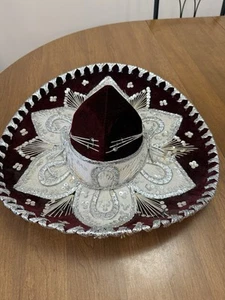 Cappello Pigalle Messicano Sombrero Mariachi XXXXXXX Rosso Marrone Argento Paillettes - Foto 1 di 7