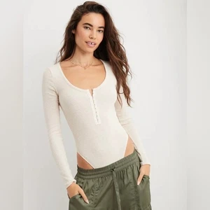 American Eagle Aerie Long Sleeve Hook & Eye Bodysuit Oatmeal Tan Size Large - Picture 1 of 11