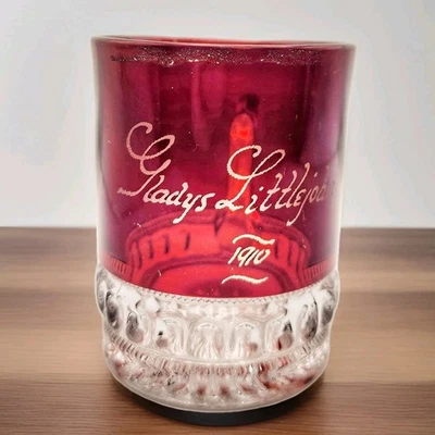 ANTIQUE Ruby Stained Souvenir Mug GLASS Gladys Littlejohn 1910 EAPG Pressed - Image 1 of 4