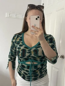 Y2K Top Sheer Ruched Long Sleeve Leopard Print Vintage 2000s Indie Fairy Grunge - Picture 1 of 4