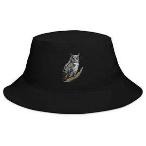 Fischerhut mit gehörnter Eule bestickt - stilvolles Wildtier-Accessoire für Männer & Frauen  - Bild 1 von 13