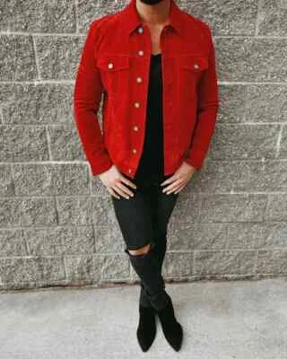 Chaqueta de Camionero de Cuero Roja para Hombres Chaqueta de Gamuza Real Hecha a Medida Talla S M L XL-192 Foto 1 de 4