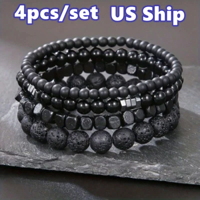 4pcs/Set Casual Style Black Lava Bead Bracelets For Daily Wear Women Men Gift US - Image 1 of 4