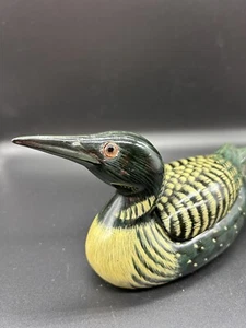 Lacquered Loon Box Hand Painted 6” By  3.25” Made In Washington Green Yellow - Picture 1 of 15