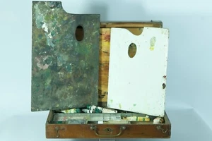 Ancienne Boite Mallette de peintre 19 ème Noyer Palette peinture couleur creil - Photo 1/12