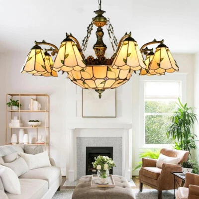 Lámpara de araña estilo Tiffany retro hoja vitral colgante luz sala de estar Foto 1 de 4
