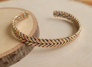 Pure Solid Copper Tri Color Magnetic Bracelet Arthritis Therapy Cuff Herringbone - Picture 1 of 4