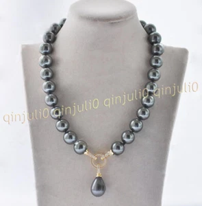 8-14mm Dark Gray Round South Sea Shell Pearl Teardrop Pendant Necklace 14-32'' - Picture 1 of 10